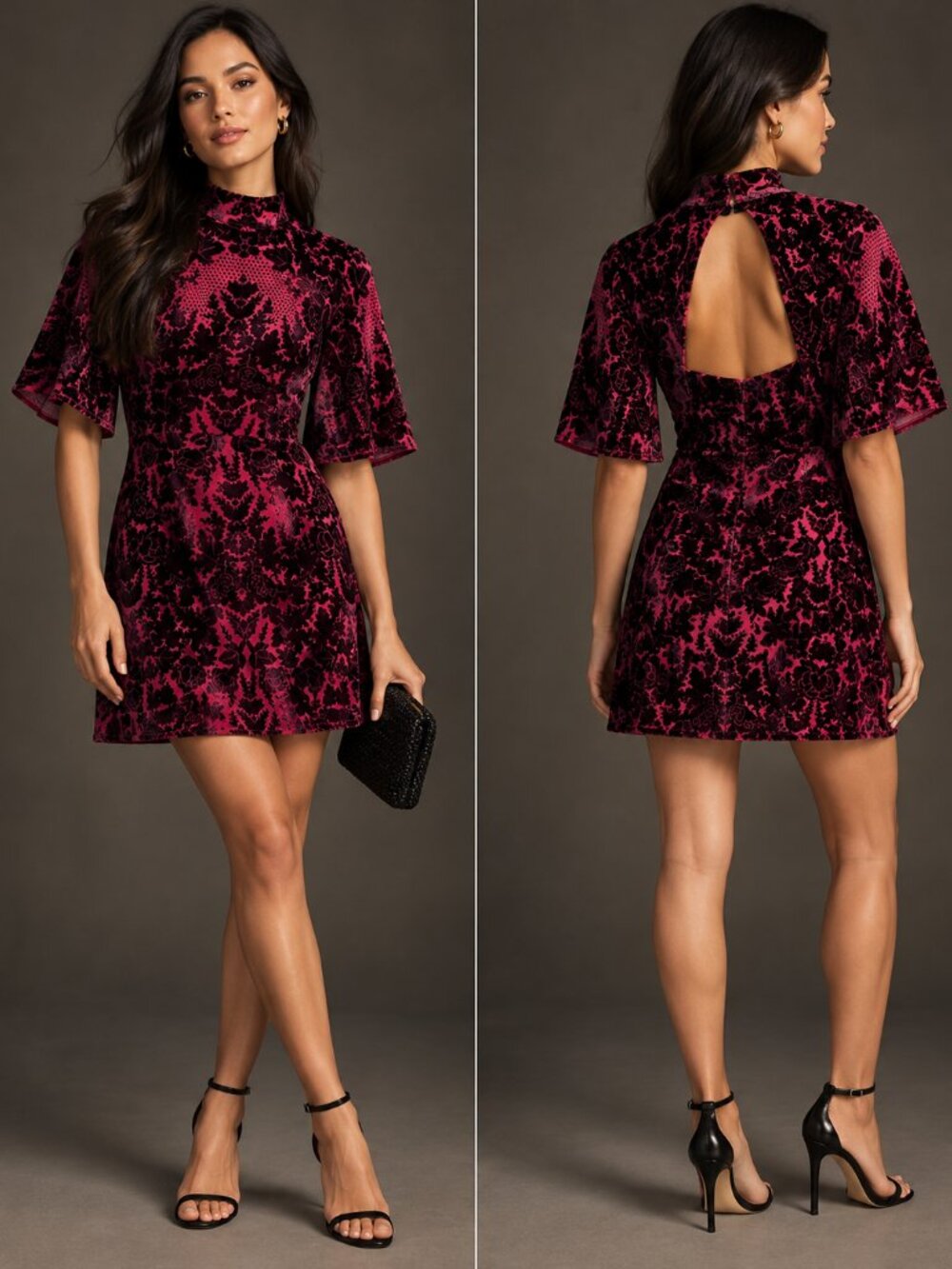 Anthropologie Velvet Burnout Mock Neck Open Back Mini Dress Magenta Pink 4